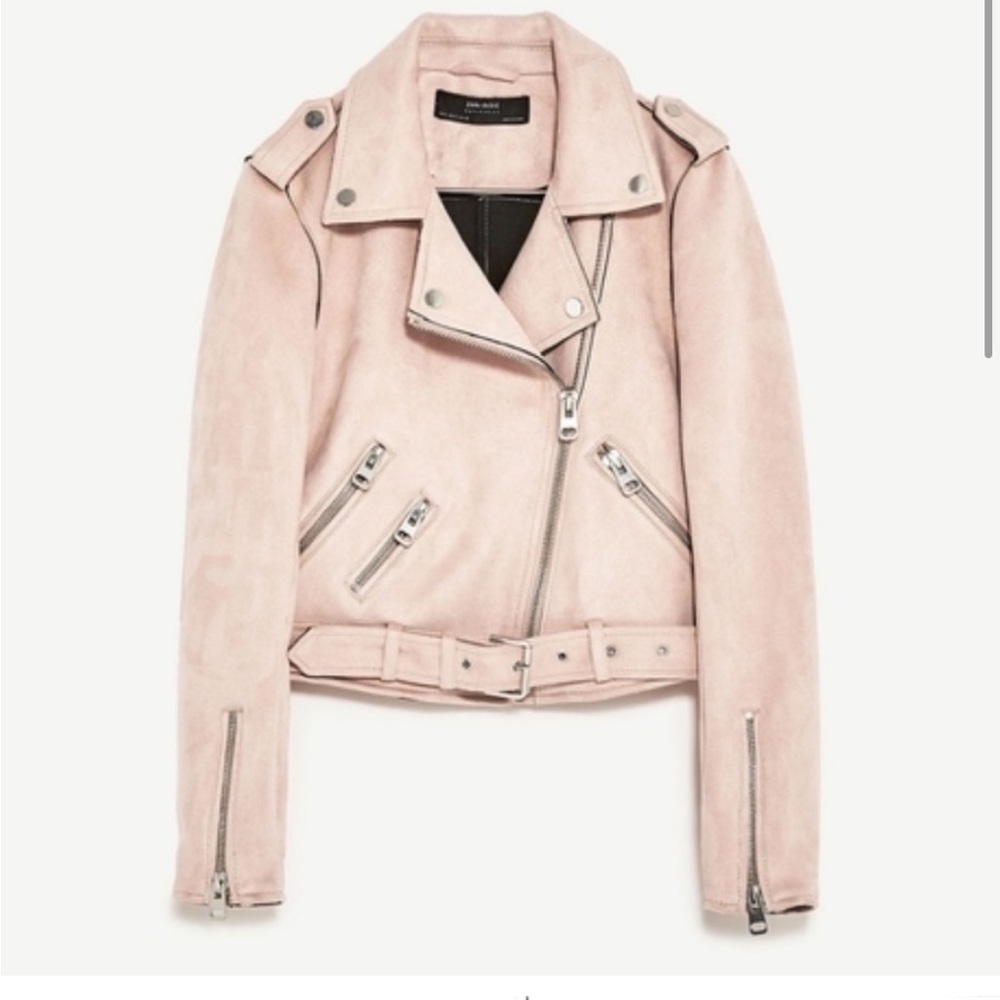 Zara faux suede blush pink moto jacket.